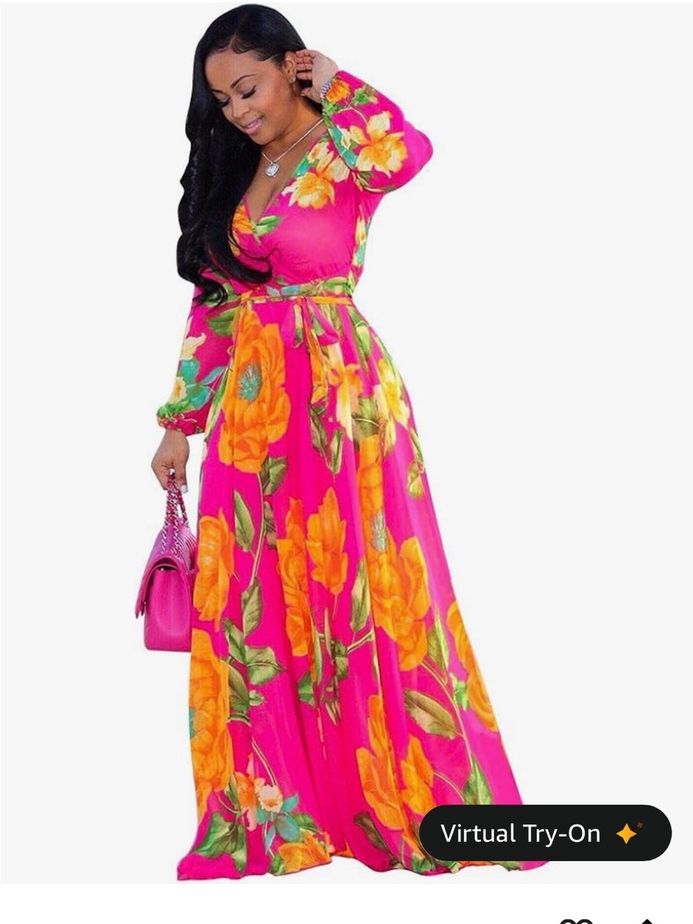 Bright Pink Floral Wrap Maxi Dress with Orange Blooms